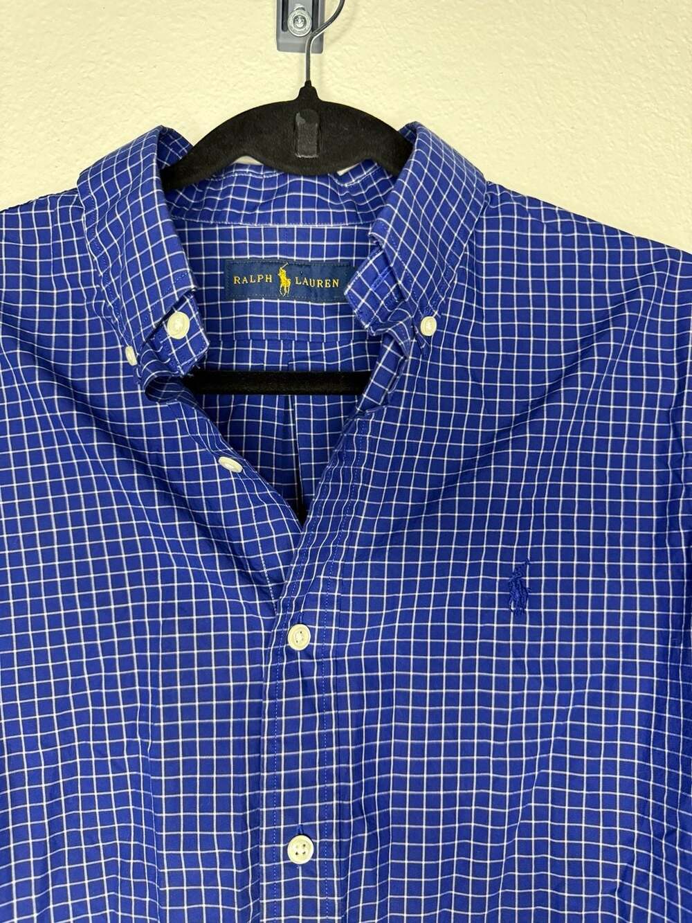 Polo Ralph Lauren Men's Medium Blue White Grid Windowpane Plaid Long Sleeve Butt